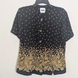 Vintage Leslie Fay paisley button-down blouse with ornate gold-tone hardware. 16